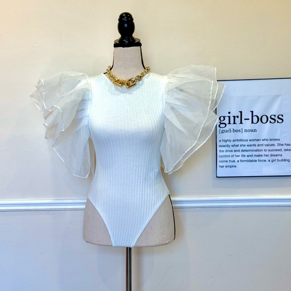 White bodysuit with sheer puff sleeves. - Picture 2 of 2